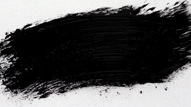 Bold black paint strokes create a textured, abstract shape on white canvas
