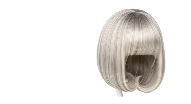 a lustrous platinum blonde bob-cut wig with a thick fringe and silver highlights, elegantly styled against a transparent background. luxury beauty accessory concept