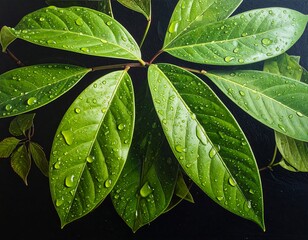 Lush Green Leaves with Water Droplets on a Dark Background.
