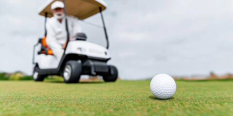 Obraz premium Golf ball on green course with senior man driving golf cart showing active leisure lifestyle