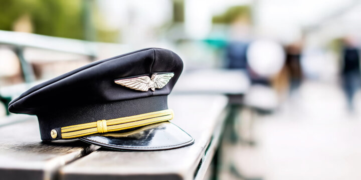 Pilot captain hat with wings emblem resting on wooden bench, symbolizing aviation career and travel