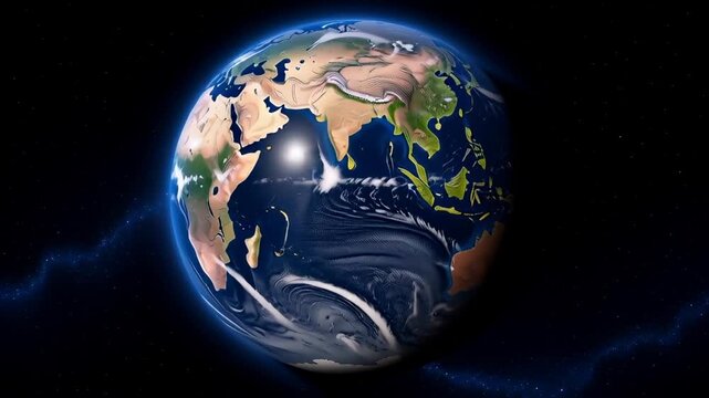 Realistic 3D animation of planet Earth rotating in space, featuring visible atmospheric wind currents and global weather patterns on a seamless loop for broadcast news backgrounds.
