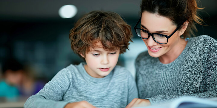 Teacher helping student with learning difficulties, offering one on one support during education