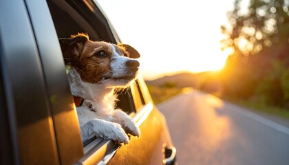 Jack Russell Terrier enjoying a car ride at sunset.