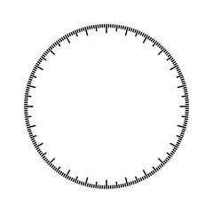 Mechanical clock face, bezel. Watch dial with minute and hour marks. Timer or stopwatch element. Blank measuring circle scale with divisions. Vector illustration