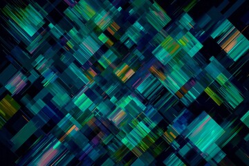 Abstract composition features overlapping translucent geometric shapes with diagonal linear accents over a dark background