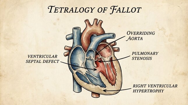 Anatomical diagram showing Tetralogy of Fallot cardiac condition