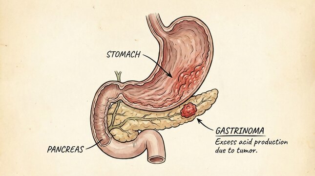 Medical illustration of gastrinoma tumor in the pancreas and stomach