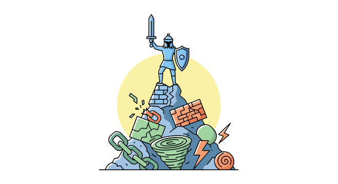 Knight conquering challenges on a mountain peak.
