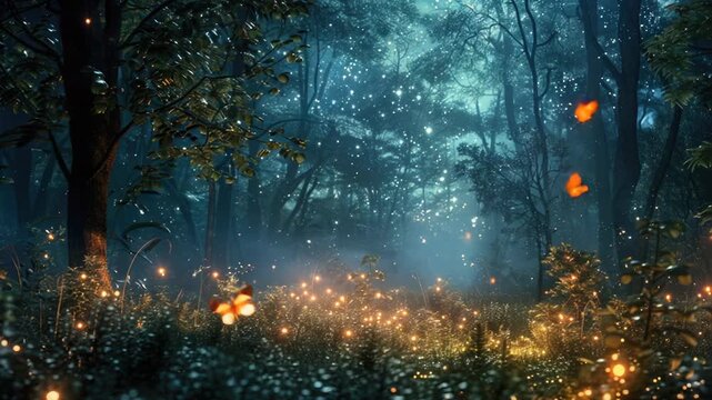 Video Fireflies flying through the forest at night