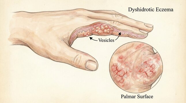 Anatomy of dyshidrotic eczema with vesicles and palmar surface view