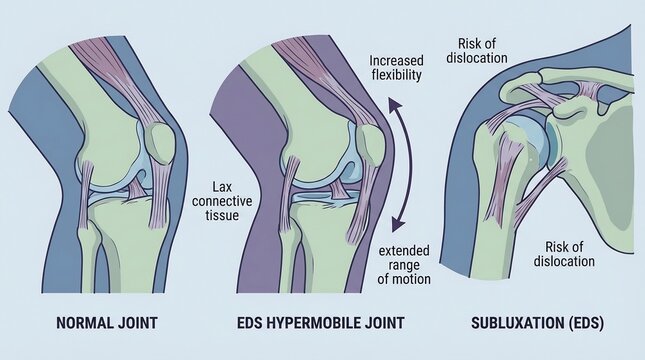 Medical illustration comparing normal joints with EDS hypermobility conditions