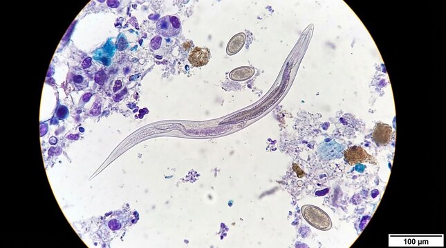 Microscopic view of parasitic nematode worm larvae and eggs