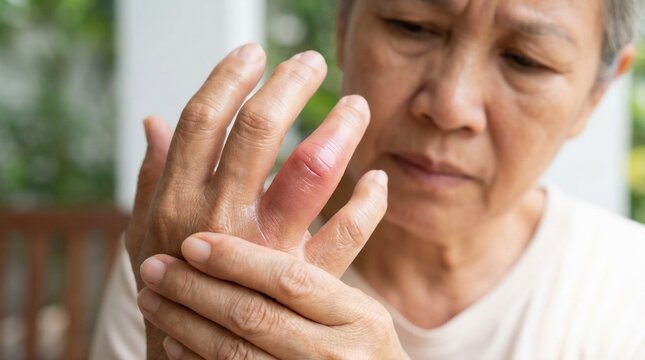 Senior woman holding her swollen inflamed finger joint
