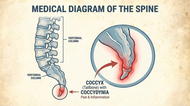 Medical Diagram Showing Human Spine and Tailbone Coccydynia Pain