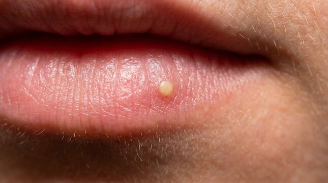 Macro view of small white pustule on human lip surface