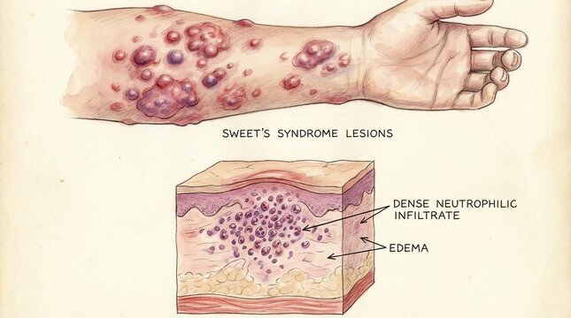 Medical illustration of Sweet's syndrome skin lesions and cross section
