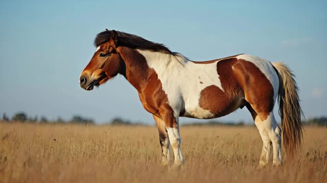 pinto pony at field with in a wind time landscape video
