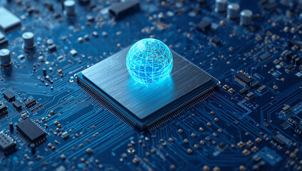 基板上のプロセッサに地球ホログラムが浮かびデータが流れる様子を描写