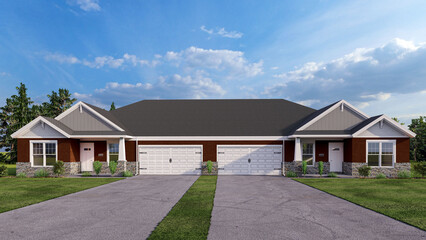 Fototapeta premium Modern Suburban Duplex House Exterior Architecture, 3D Render of a Twin Home with Brick and Stone Facade, Two Garages and Driveways