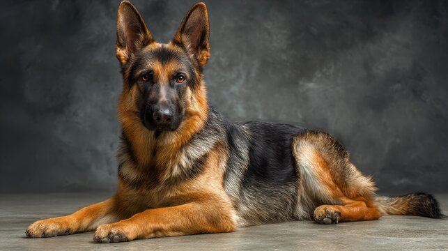 german shepherd calm alert pose, clean modern background, protection and reliability concept