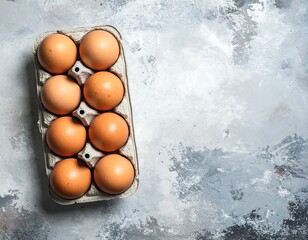 Overhead view of fresh brown eggs in carton on textured surface.