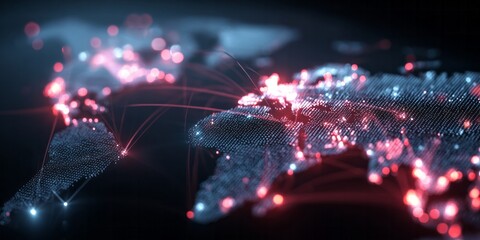 Digital representation of the world map displays global connections and illuminated population centers across continents