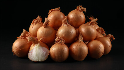 黒の舞台に玉ねぎの山と輪切りの透け感を配置