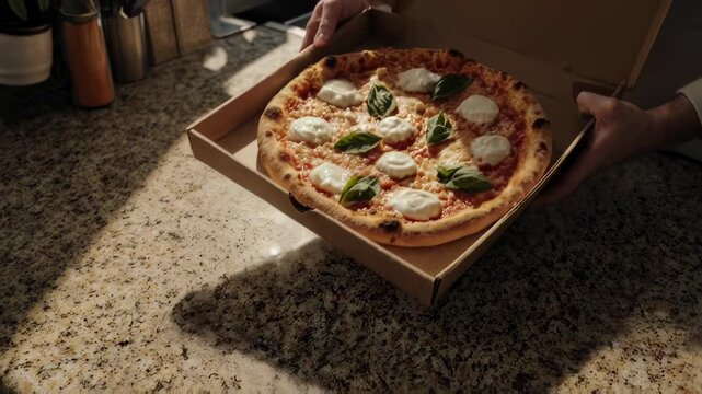 Hands holding a flat, beige cardboard box on a speckled countertop