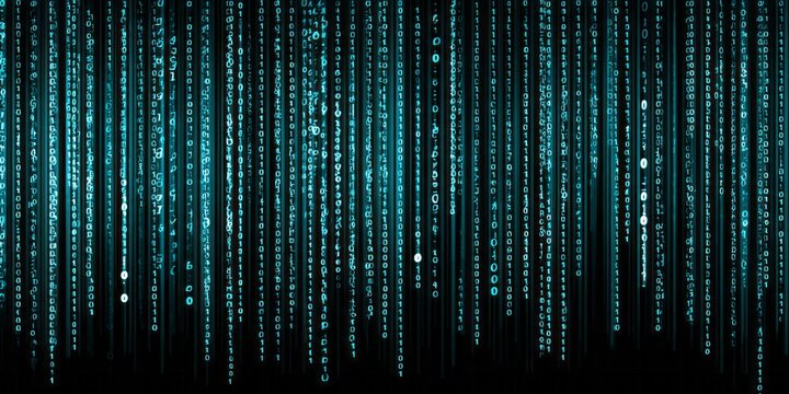 Digitally rendered binary code cascades downward against a dark background creating a flowing abstract pattern.