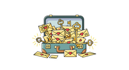 Open Suitcase Overflowing with Love Letters and Ornate Keys.