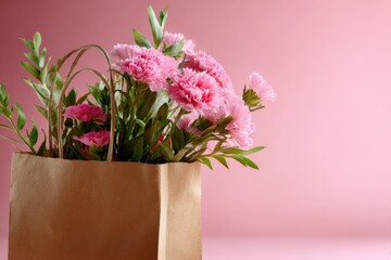 Naklejka premium Pink carnations in brown paper bag with green leaves on pink background