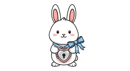 Obraz premium Cute white cartoon rabbit holding a heart-shaped lock with a blue bow.