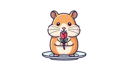 Cute cartoon hamster holding a single red flower on a plate.