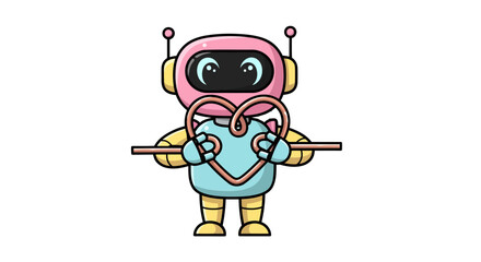 Fototapeta premium Cute cartoon robot character holding a pink heart symbol.