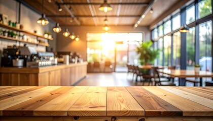 Inviting Coffee Shop Interior with Wooden Table Focus.