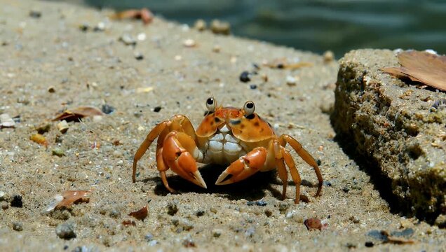 Detailed 4K wildlife close up of small round crab quickly burrowing into the sand when sensing danger demonstrating natural defense behavior survival 