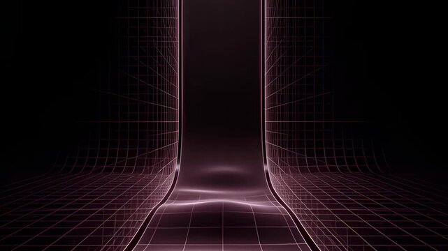 Neon pink grid tunnel with glowing archway in a dark futuristic chamber
