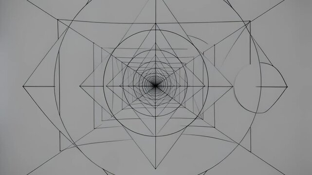 Abstract geometric tunnel with concentric squares and circles in grayscale