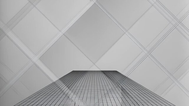 Monochrome glass facade with diagonal grid pattern viewed from below