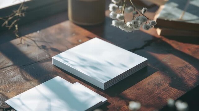 Video White cards stacked on a wooden table, ideal for creative or office use