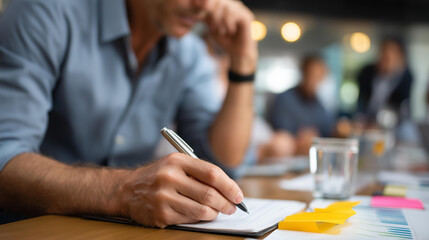 Business brainstorm strategy ideas sharing, hand with paper document chart analysis close-up, business people teamwork consulting and organizing data summary together, conference