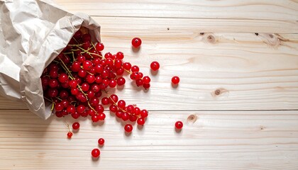 Redcurrants spilling from a paper bag on a wooden surface.