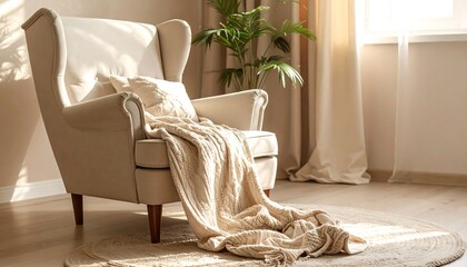 Cozy Armchair with Blanket in Sunlit Living Room.