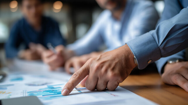 Business brainstorm strategy ideas sharing, hand with paper document chart analysis close-up, business people teamwork consulting and organizing data summary together, conference - Powered by Adobe