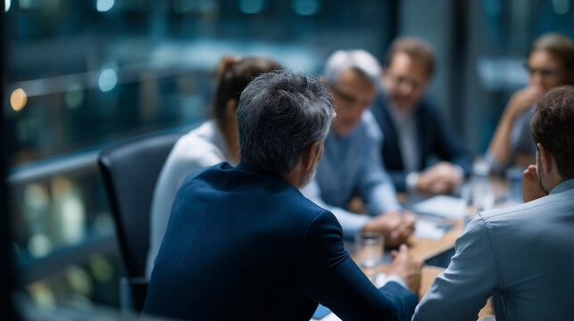 High angle top view of business conference ideas sharing meeting, business people discussing conversation together on meeting table, conference modern office interior background,