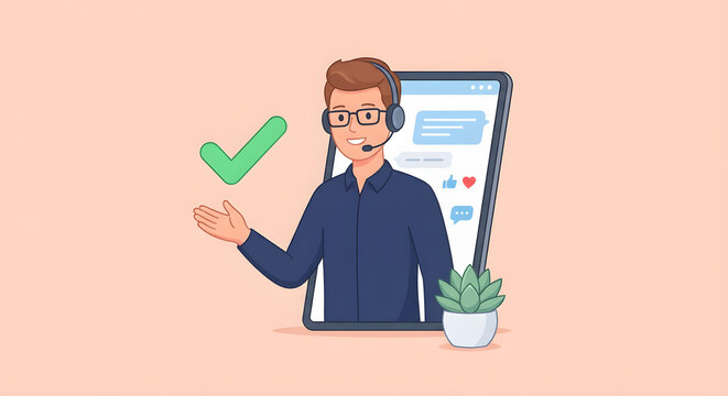 male customer support agent wearing headset popping out of smartphone screen for mobile virtual assistant services and professional online technical help flat vector illustration
