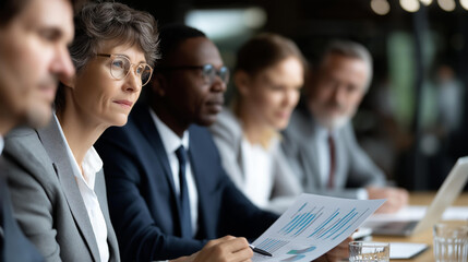 Global corporate business shareholder meeting annual conference, group of business people analyzing company data report together, office workplace background, professional