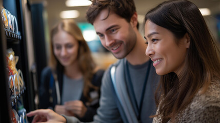 Fototapeta premium Friends debating snack choices by vending machine on campus, student refreshment decision, college campus scene, peer discussion moment, casual group gathering, faceless students