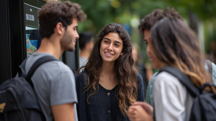 Fototapeta premium Friends debating snack choices by vending machine on campus, student refreshment decision, college campus scene, peer discussion moment, casual group gathering, faceless students
